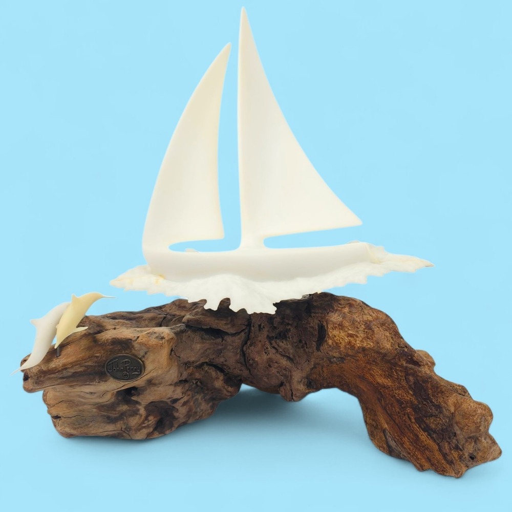 VTG John Perry Sailboat & Dolphins Burlwood Sculpture Pellucida Art Nautical